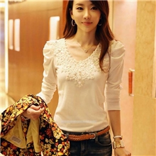 091672013秋装新款韩版女装花边烫钻泡泡袖打底衫长袖T