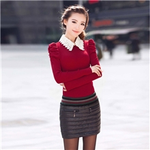 101582013秋冬新款韩版修身衬衫领打底衫毛衣小翻领针织衫