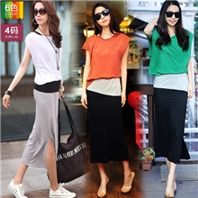 6色2013夏季爆款批发拼接长裙撞色假三件套短袖休闲连衣裙1620