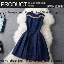 女装2013秋款欧美大牌复古高档提花领口订钻修身无袖连衣裙T731