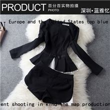2013秋款欧美大牌时尚OL最爱时尚欧根纱压折上衣+黑短裤套装T746