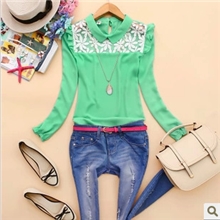 嫣婵ABD-d502韩版2013秋装新款女装翻领拼接欧根纱长袖雪纺衫批发