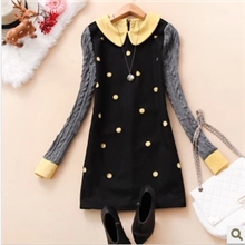 婵-w445韩版2013秋装新款女装娃娃领镂空波点毛呢连衣裙I-23