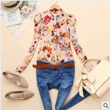 淘嫚媄BWX-d340韩版2013秋装新款女装立领泡泡袖碎花长袖衬衫批发