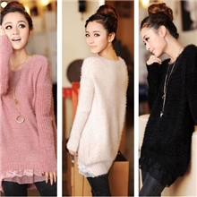 2013秋冬女装马海毛打底针织衫蕾丝花边拼接长袖毛衣外套批发