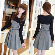 2013韩版秋冬款新款长袖毛呢连衣裙黑白格毛呢拼接连衣裙批发