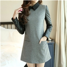 2013秋冬新款韩版气质大码女装pu皮拼接毛呢长袖连衣裙修身显瘦