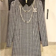 欧美毛呢连衣裙长袖娃娃领英伦千鸟格羊毛呢冬裙