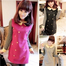 2013新款秋装韩版女装修身娃娃领宽松毛呢拼接麻花袖A字裙连衣裙