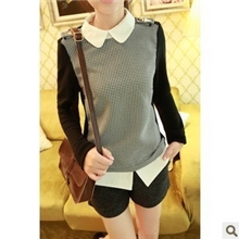 2013新款秋装韩板女装假两件娃娃领千鸟格拼接秋冬长袖毛衣批发