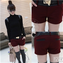 2013新款秋冬女装裤子韩版PU皮拼接显瘦秋装休闲毛呢短裤批发