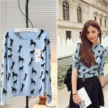 韩版秋装女装呛口小辣椒ASOS小马图案印花圆领修身针织衫套头毛衣