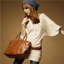 韩版新款蝙蝠袖长款针织衫T恤包臀宽松女款铆钉圆领蝙蝠衫