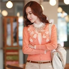 韩版LO气质甜美立体花朵短款长袖修身针织开衫小外套针织衫