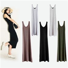厂家直销双U领沙滩裙背心长裙莫代尔超长连衣裙净色款