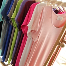 夏季跑量~女莫代尔短袖T恤糖果色前短后长T恤衫