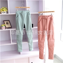 厂家直供~秋冬热卖膝盖格子补丁长款加厚加绒保暖打底裤有口袋