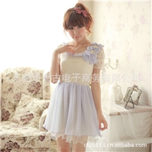 Y48022热卖浅紫色蝴蝶结蕾丝雪纺连衣裙时尚一件代发