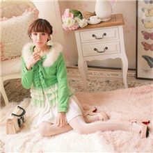 2013冬季新款甜美毛毛领韩版下摆接蕾丝毛呢绿色短外套大衣8835