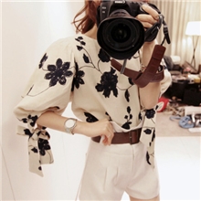 9159#秋装写意画高贵书香气质中袖衬衫蝴蝶结绣花上衣泡泡袖