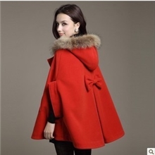 2013女款韩版毛呢大衣斗篷大衣真毛领斗篷毛呢外套披肩