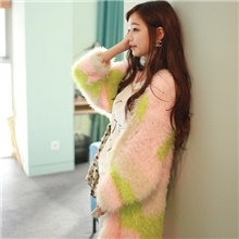 厂家直销韩国代购宽松彩虹彩色马海毛开衫中长款针织衫毛衣