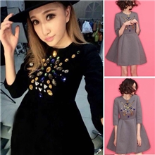 2013秋冬新款韩版镶钻钉珠高贵呢子长袖连衣裙毛呢打底裙