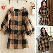 2013秋装新款韩版高档复古宽松灯笼袖呢料格子七分袖子连衣裙