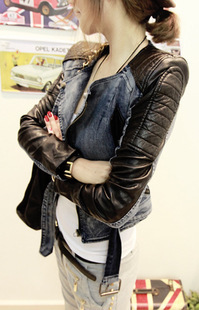 2013秋季新款蘑菇街肩拼皮机车牛仔外套厂家直销