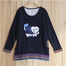日系长袖加厚T恤民族风可爱刺绣大象圆领包边女式宽松舒适棉卫衣