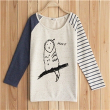 日系外贸女装森系双色袖拼接可爱小鸟印花纯棉长袖t恤