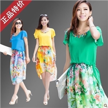 2013夏款甜美时尚印花不规则下摆雪纺沙滩连衣裙修身