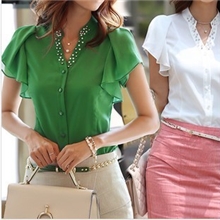 2013韩版春夏新款品质女装雪纺短袖衬衫女韩版荷叶边衬衣雪纺衫