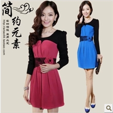 2013新款长袖秋冬款针织假两件套蕾丝拼接花苞修身连衣裙