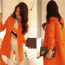 2013冬西装式立领名媛风中长款修身橘色毛呢大衣女外套
