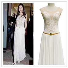 下架杨颖明星同款新款背心裙修身长裙刺绣雪纺白色连衣裙