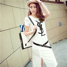 欧洲站休闲连衣裙圆领短袖单边开衩纯色棉连衣裙不规则收腰长裙