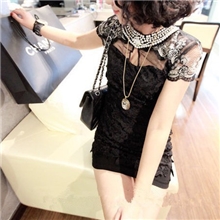 2013夏韩版钉珠镶钻短袖连衣裙高领性感泡泡袖蕾丝裙品质女装