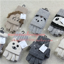 正品日单羊毛手套露指两用短统可爱卡通小动物女士冬天半指手套