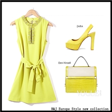 清仓欧美高端女装重工钉珠片新款品牌连衣裙5598黄绿