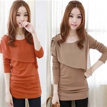 特21530韩版秋冬新款斜边雪纺拼接侧抓皱棉质长袖T恤女装批发