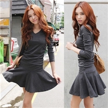 11672深灰色韩国时尚女装2012秋季新品显瘦修身长袖洋装连衣裙