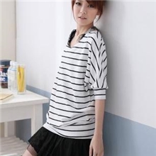 12年春夏新款韩版淑女装蝙蝠袖条纹圆领短袖女T恤