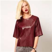 衣阁里拉欧美潮流女装中袖圆领时尚女士皮上衣PU拼接上衣批发751