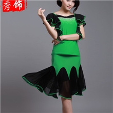 2013新款绿色广场蹈服拉丁舞裙网纱演出服广场舞服专用