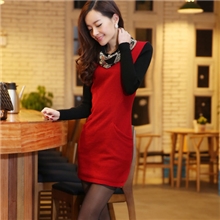 2013秋冬装新款韩版潮长袖修身围巾领拼接打底毛呢连衣裙包裙