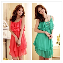 供应3209韩版荷叶大摆吊带大码3XL连衣裙2013夏新款雪纺吊带裙