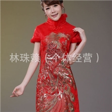 厂家旗袍清货改良时尚真兔毛冬装红色凤凰结婚新娘装敬酒礼服
