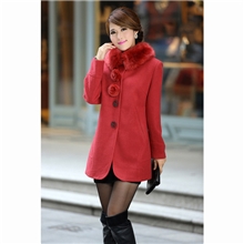 2013秋冬新款直筒中长款毛呢大衣毛领镶钻中老年装外套