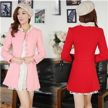 偌缃惜新款蕾丝花边领羊毛呢大衣OL通勤中长款纯色毛呢外套女